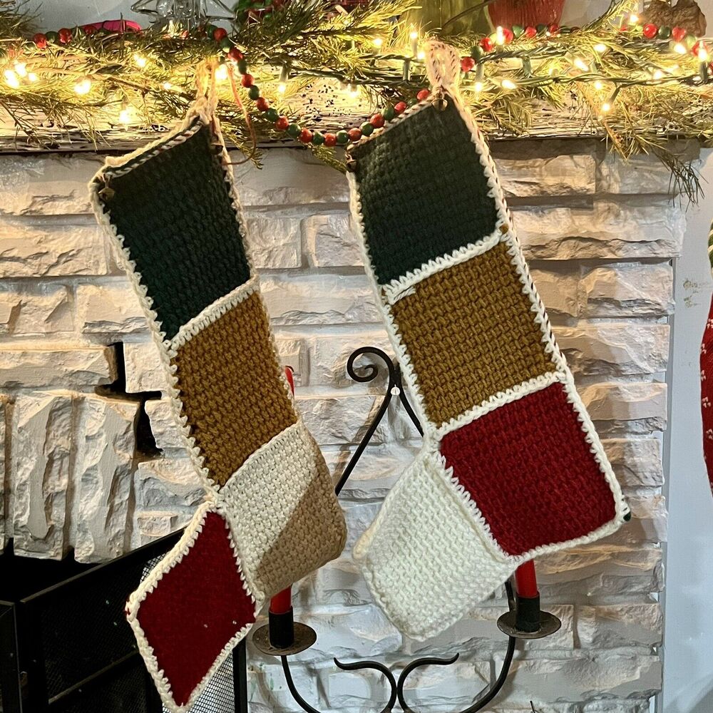 2 Vintage Handmade Christmas Stocking Hand Knit Crochet Patchwork 18” ColorBlock